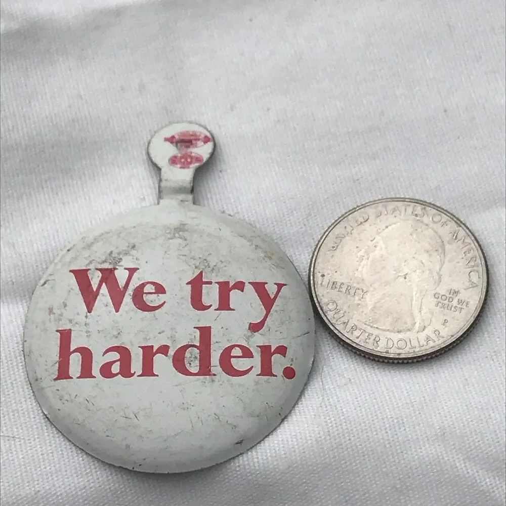 We Try Harder Vintage Pin Button Fold Over AVIS Rent A Car